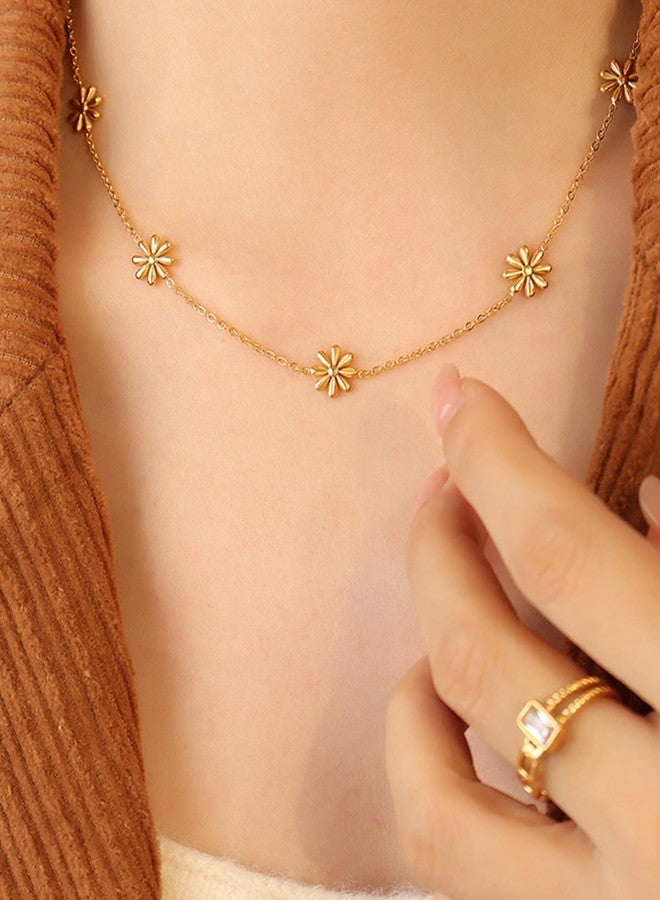 Karmiir 18K Gold Plated Daisy Flower Station Necklace for Women - Delicate Titanium Steel Non-tarnish Choker Necklace 16" with Adjustable Chain, Perfect Layering Jewelry - Image 4
